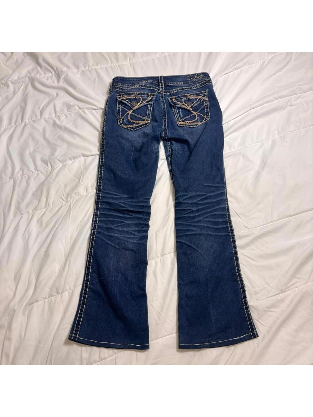 Silver Jeans low rise flared jeans with crazy embroidery tagged 29x32 bootcut